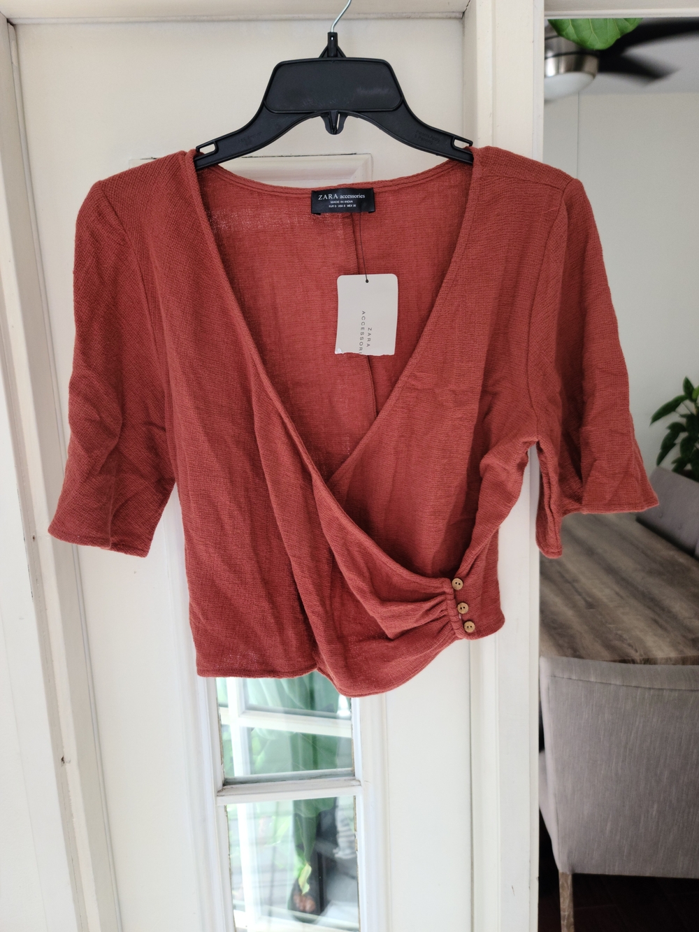 Zara Rust Wrap Crop Top with Button Detail